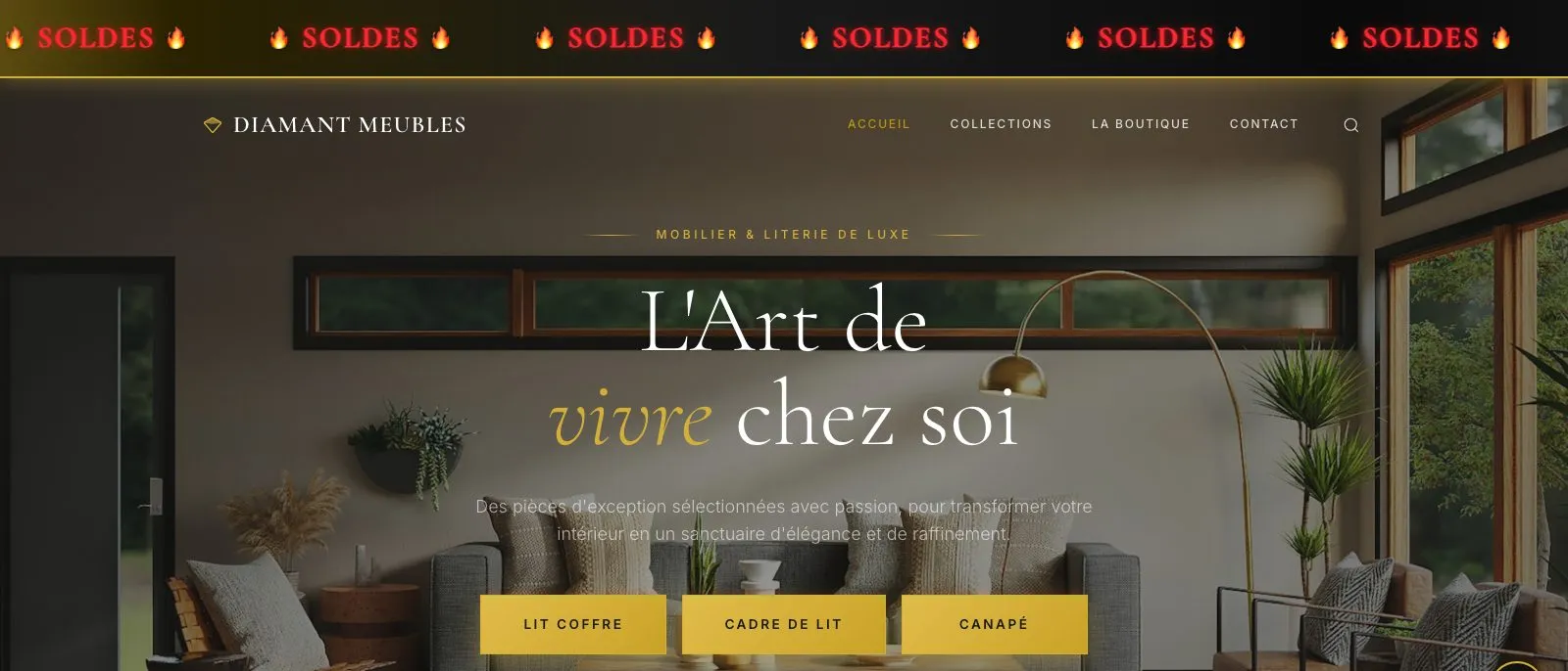 Page d'accueil du site Diamant Meubles, mobilier & literie de luxe