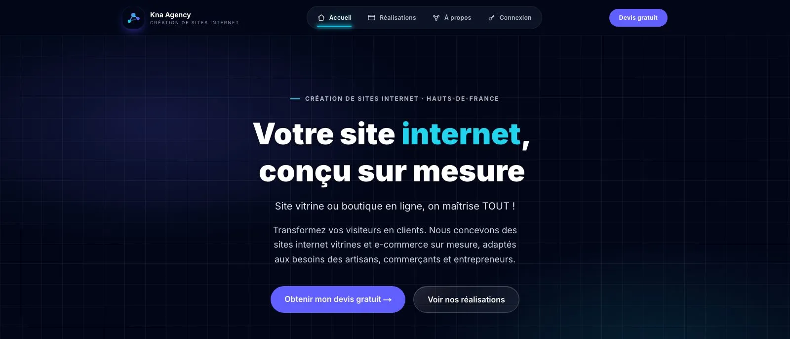 Page d'accueil de KNA Agency, création de sites internet sur mesure