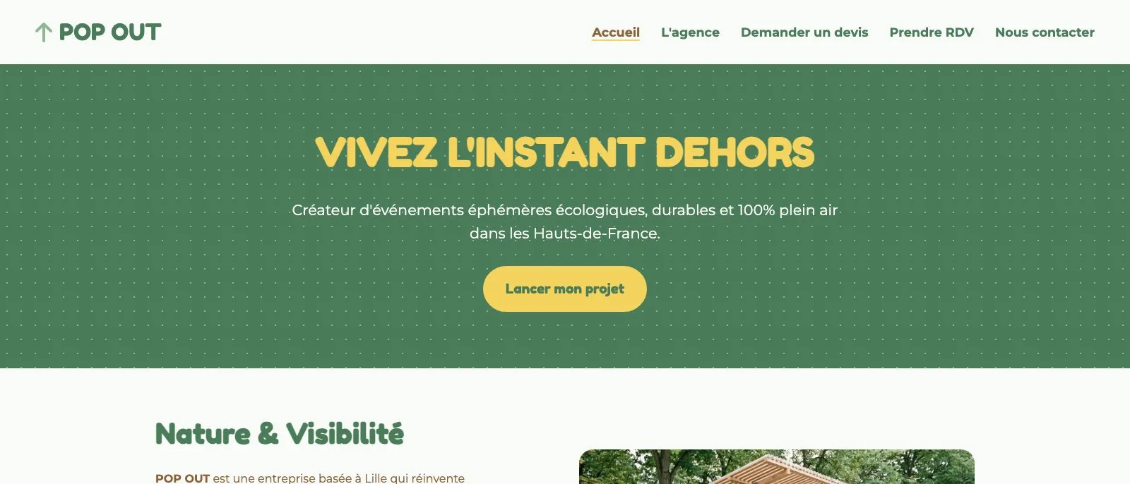 Page d'accueil du site Pop Out, créateur d'événements éphémères
